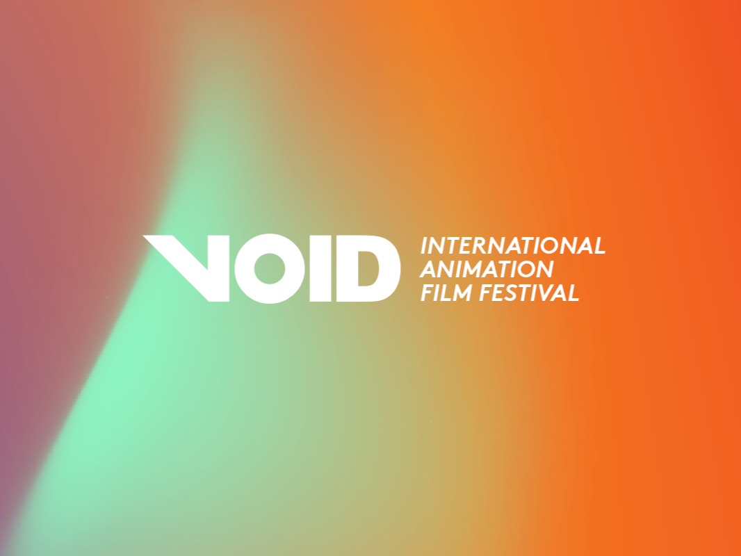 Hvidt logo for VOID International Animation Film Festival med gradientbaggrund i grøn, orange og rød nuancer.