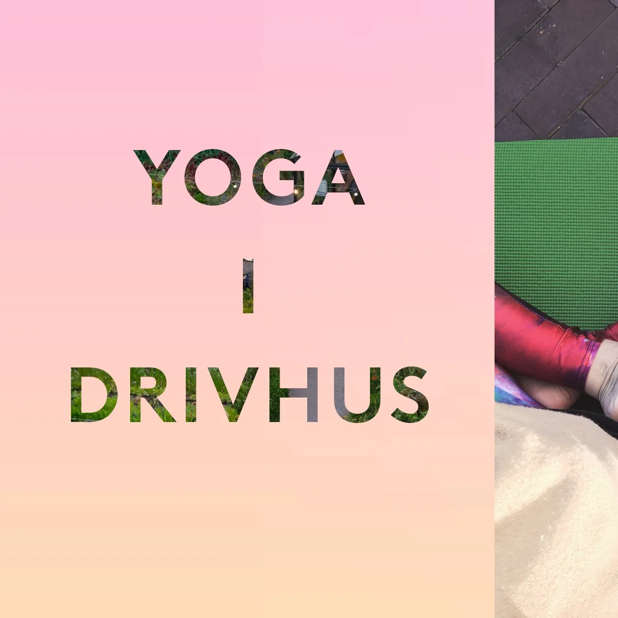 Billedet viser en pink bag med teksten 'YOGA I DRIVHUS' skåret ud i midten. En grøn yogamåtte kan ses til højre på billedet, og noget tøj og en sko er synlige nederst til højre.