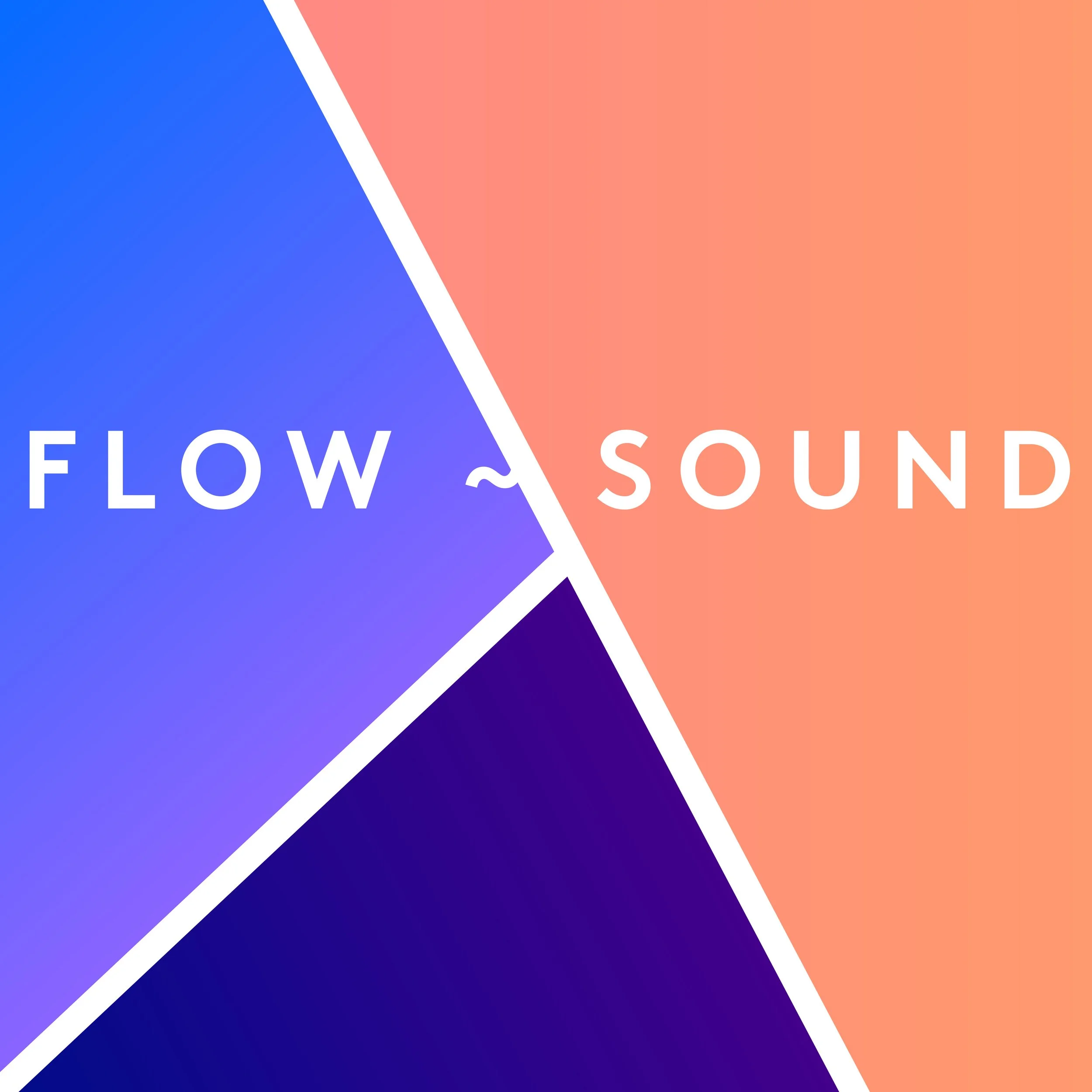 Grafisk design med blå og orange sektioner adskilt af hvid linje, teksten 'FLOW' på blå baggrund og 'SOUND' på orange baggrund.