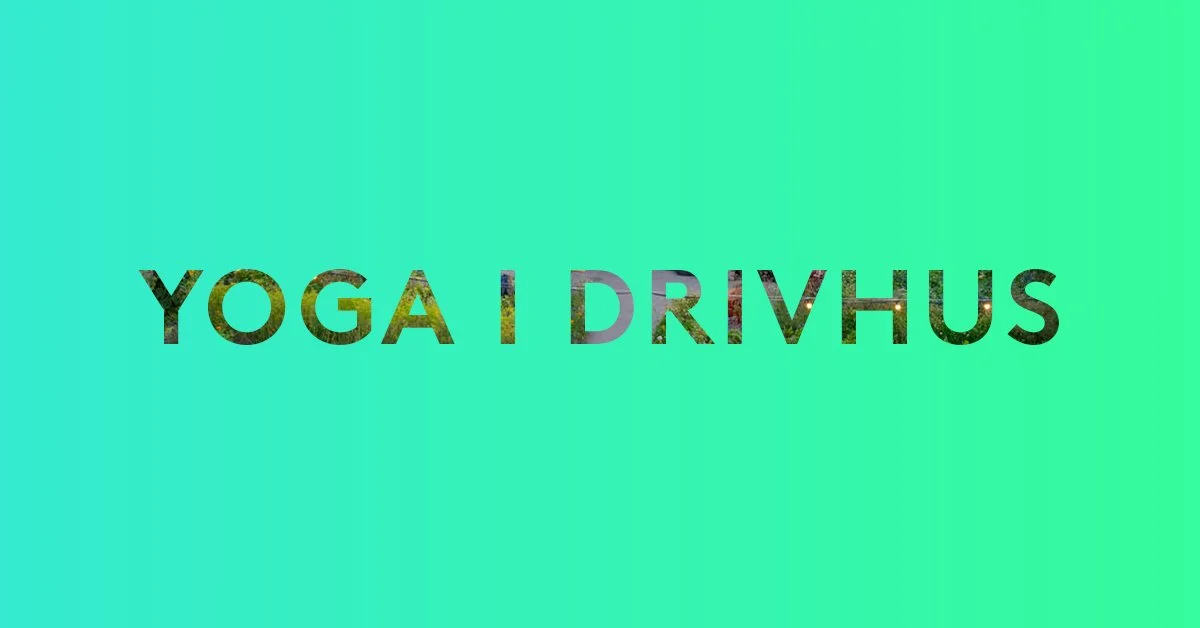 Tekst på grøn baggrund: Yoga i drivhus.