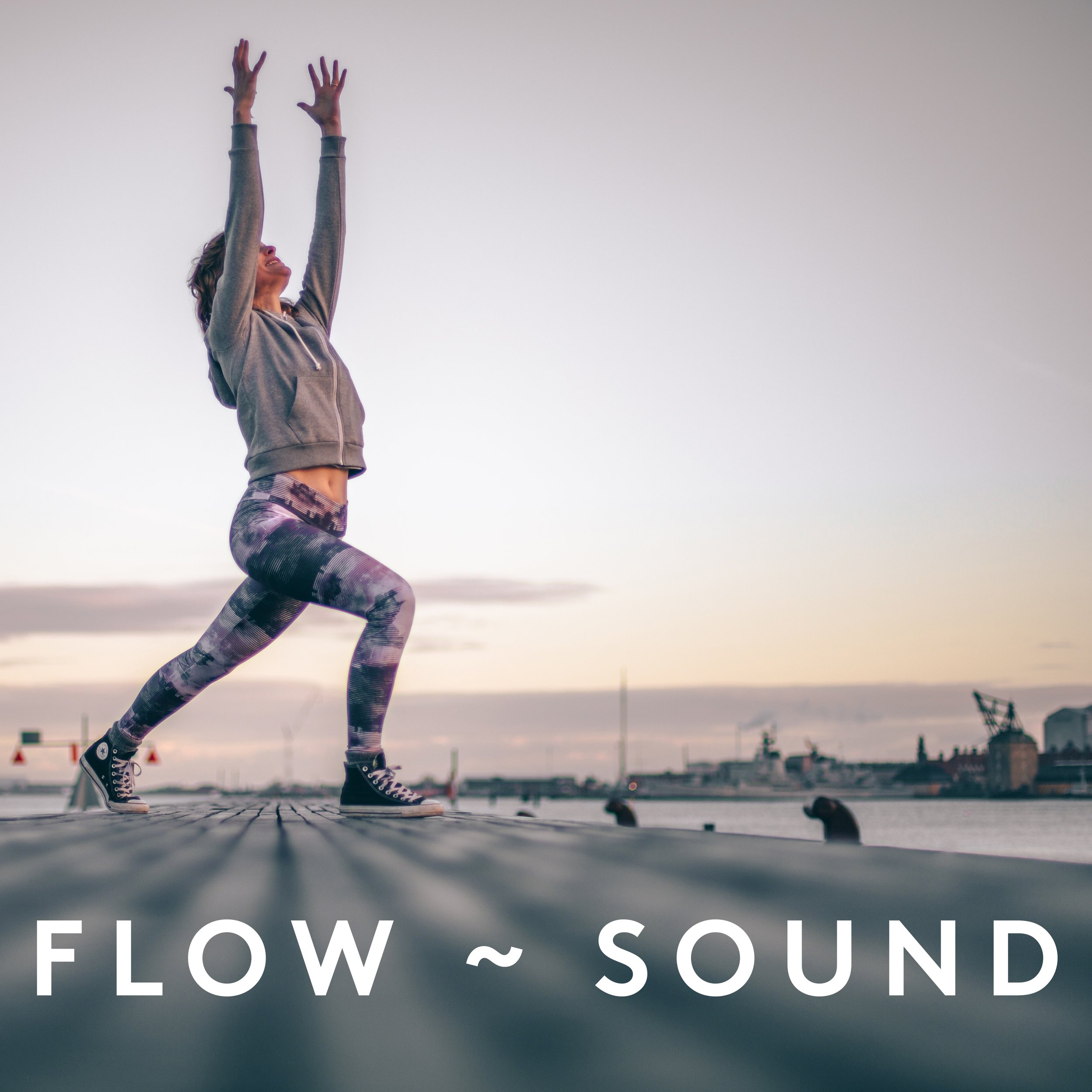 Kvinde i træningstøj løber på bro ved havet med teksten 'FLOW ~ SOUND' i bunden.