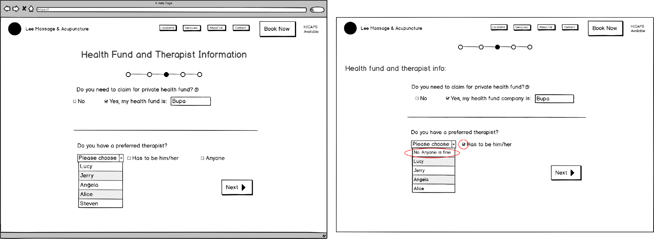  My users' mental model is different from this. Users think "anyone" can mean one does not have a preferred therapist. In which case, any information input in the drop-down on the left will be invalid. However, ticking "anyone" can also mean that one