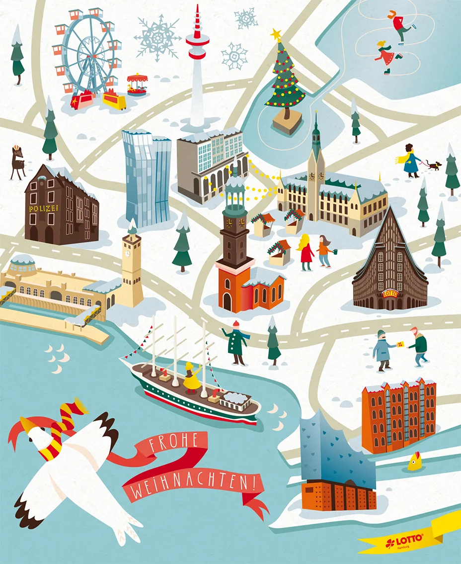 Hamburg, Stadtansicht, Stadtplan, vektor, Möve, Michel, Lotto, Winter, Schnee, Landungsbrücken, Illustration, Annika Metze, map, christmas, 