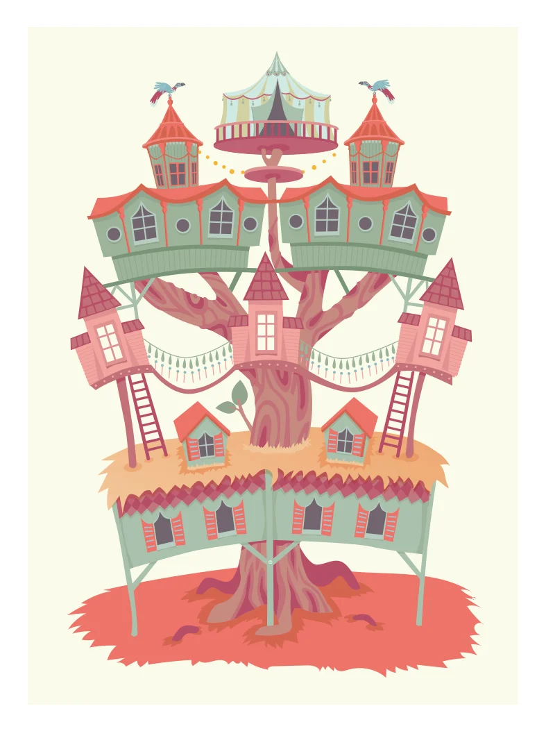 Illustration, Annika Metze, vektor, Baumhaus, Holz, Zelt, whimsical, Dorf, Baum, Elfen