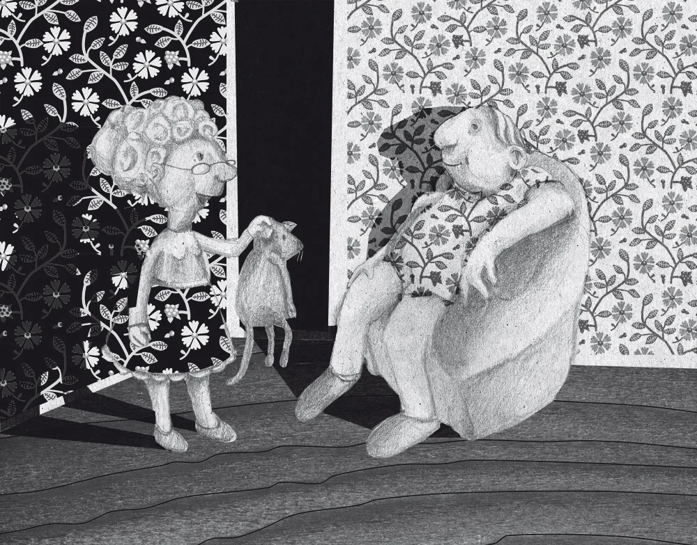 Illustration, Annika Metze, Bleistift, schwarzweiß, Muster, Oma, Opa, Maus, Ratte, gemütlich, Senioren, Alter