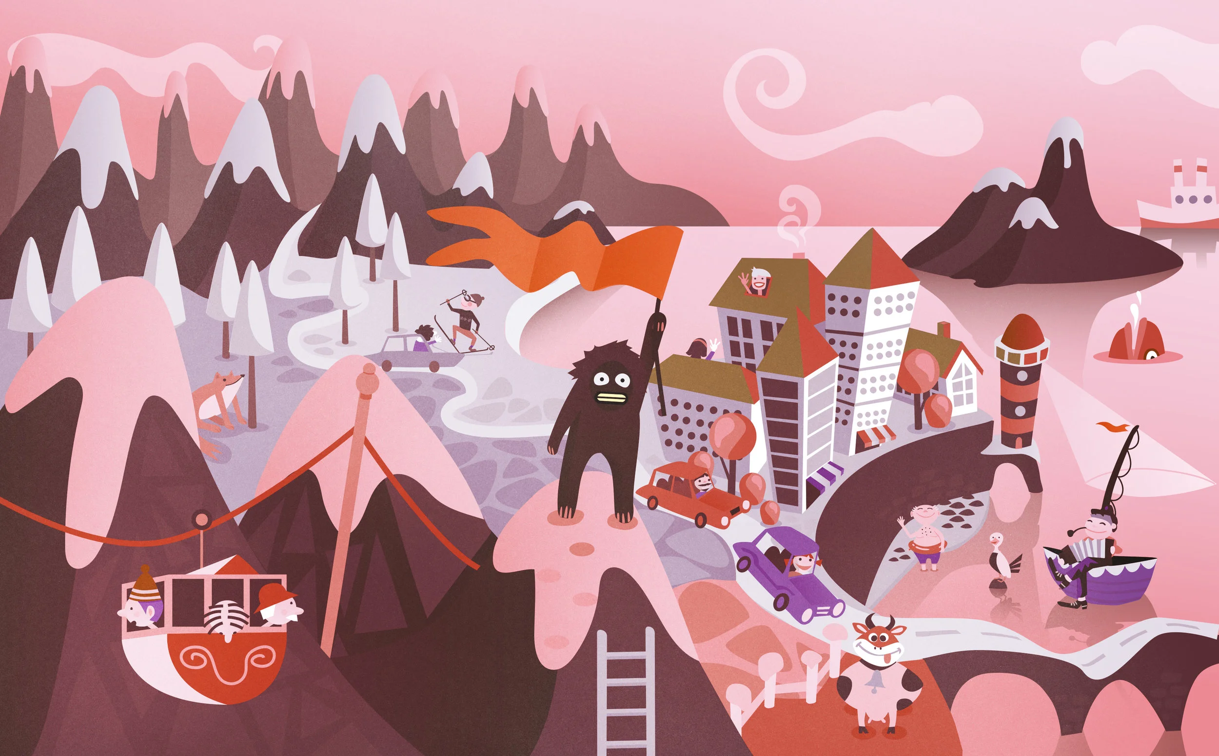 Illustration, Annika Metze, vektor, Wimmelbild, 50s, Monster, Wal, Boot, Hafen, Berge, Ski, rosa, rot, Sonnenuntergang, Yeti