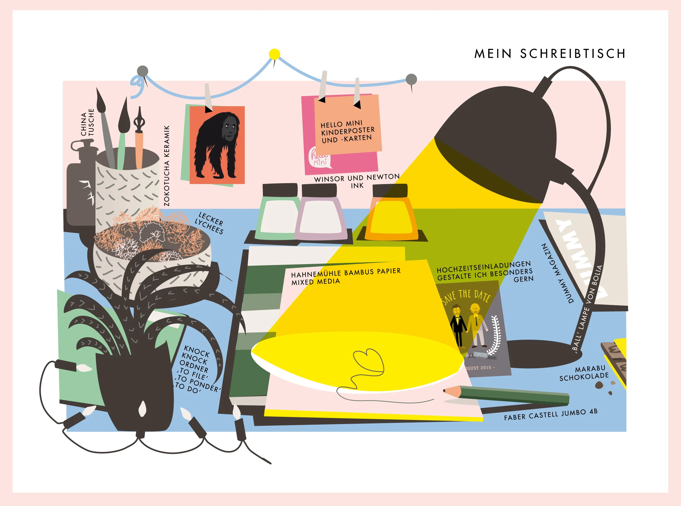 Illustration, Annika Metze, Schreibtisch, Lampe, Stifte, 50s, Illustrator