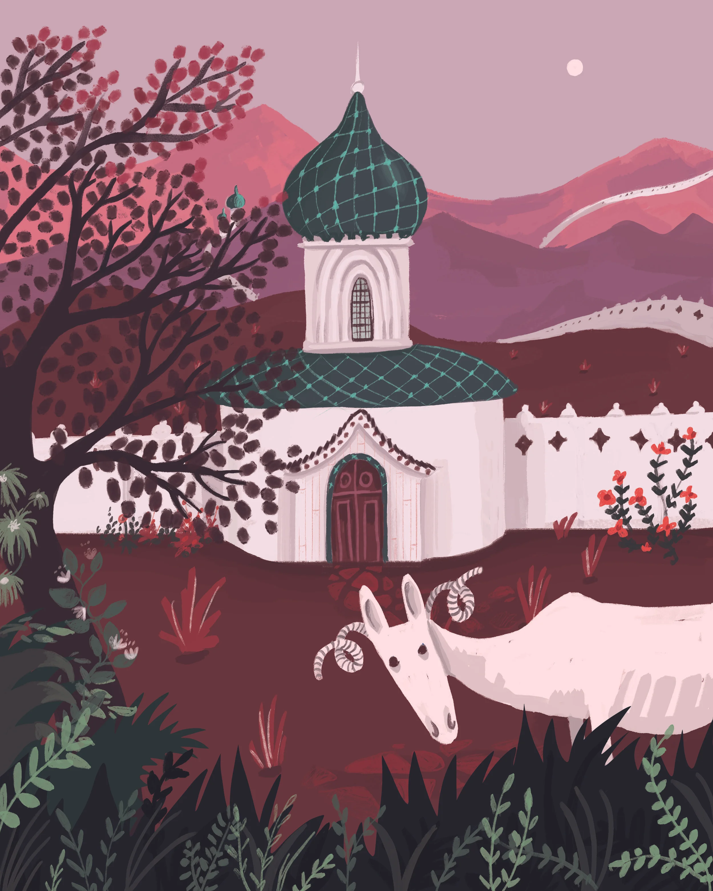 Illustration, Annika Metze, Hirsch, weiß, Tor, Mauer, 1001 Nacht, Lila, Arabisch, Traum, Tier, Baum