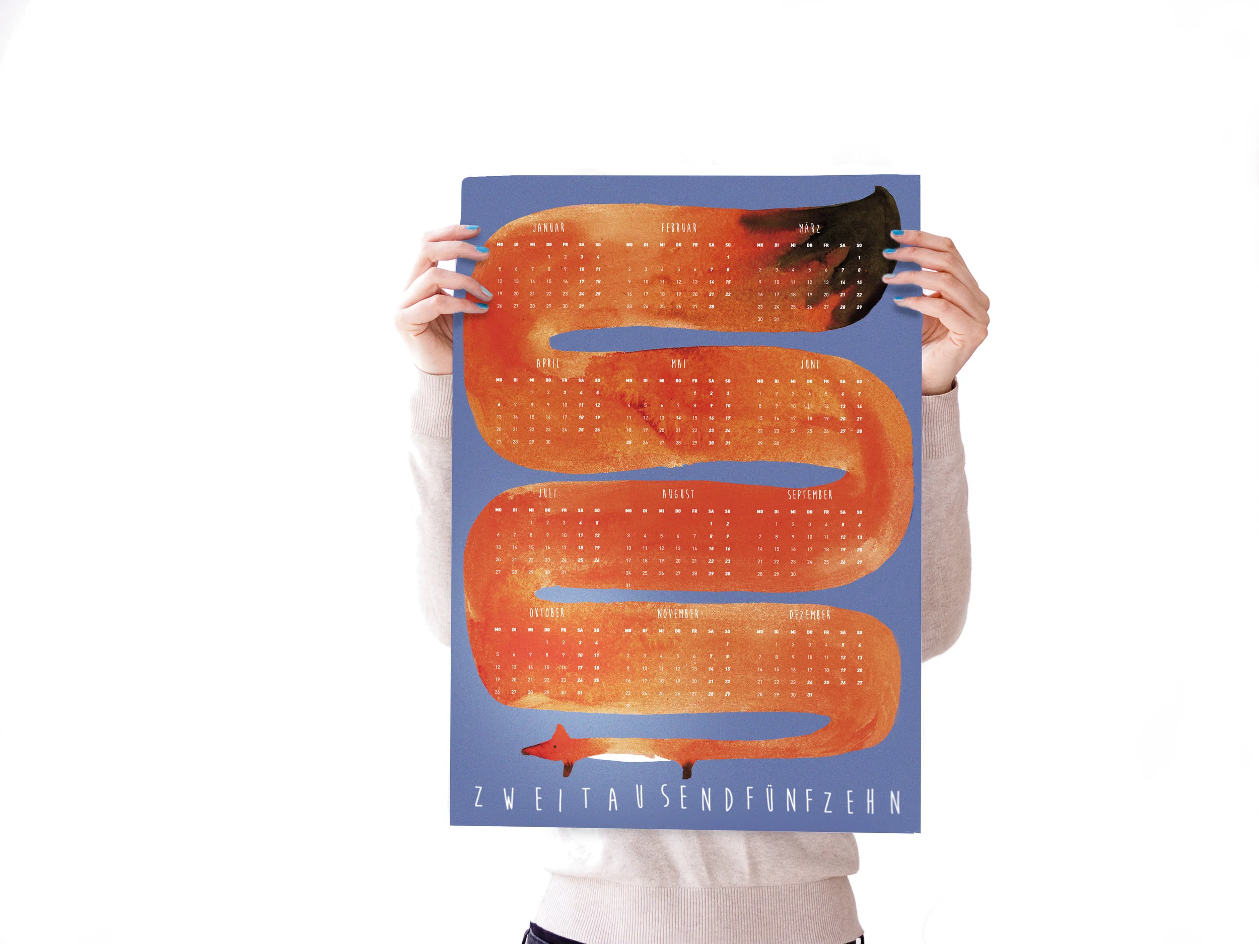 Annika Metze, Illustration, Poster, Fuchs, Kalender, Aquarell, blau, orange, whimsical