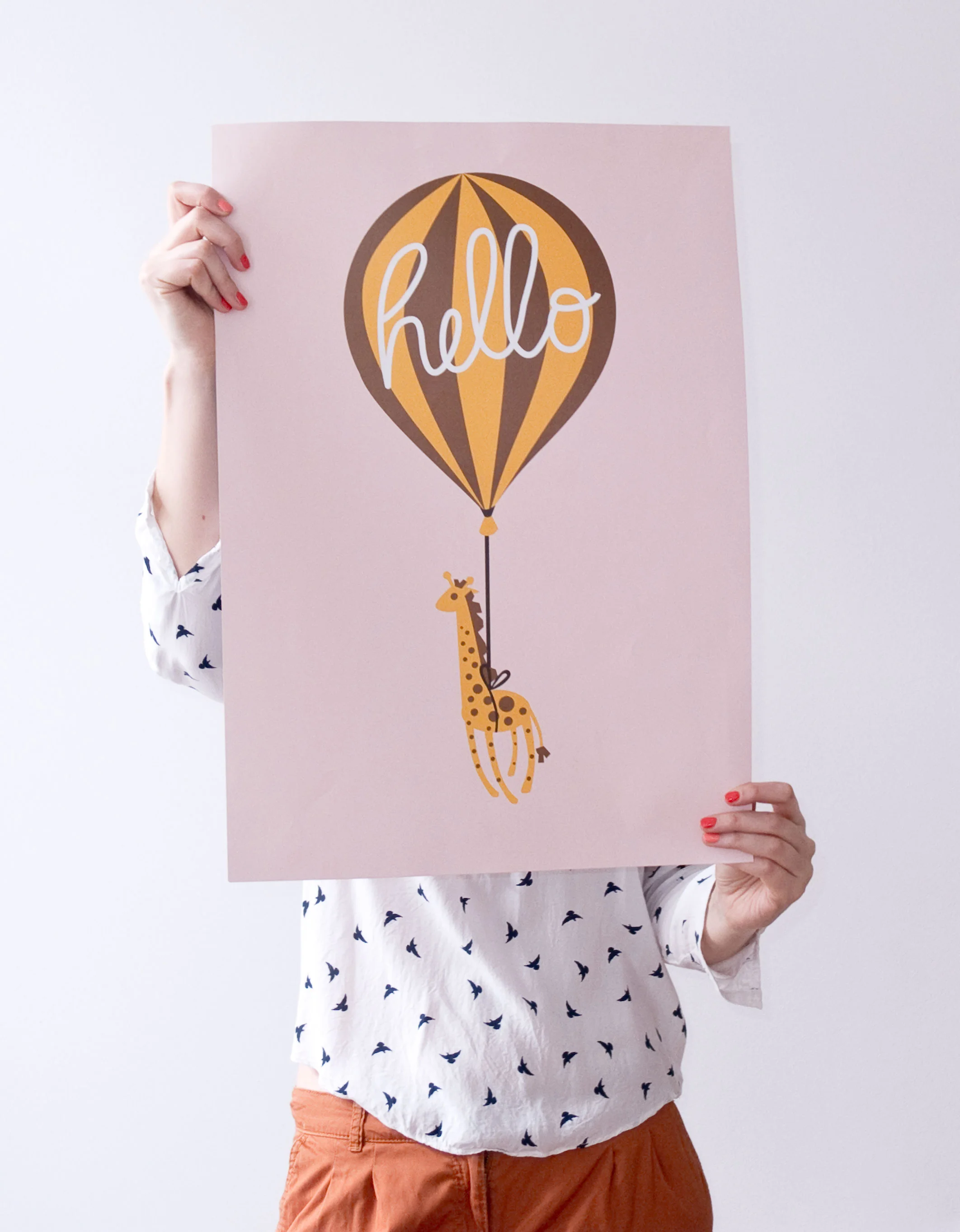 Annika Metze, Illustration, Poster, Tiere, Luftballon, Kinder, Bunt, rosa, hello, Giraffe, Kinderzimmer 