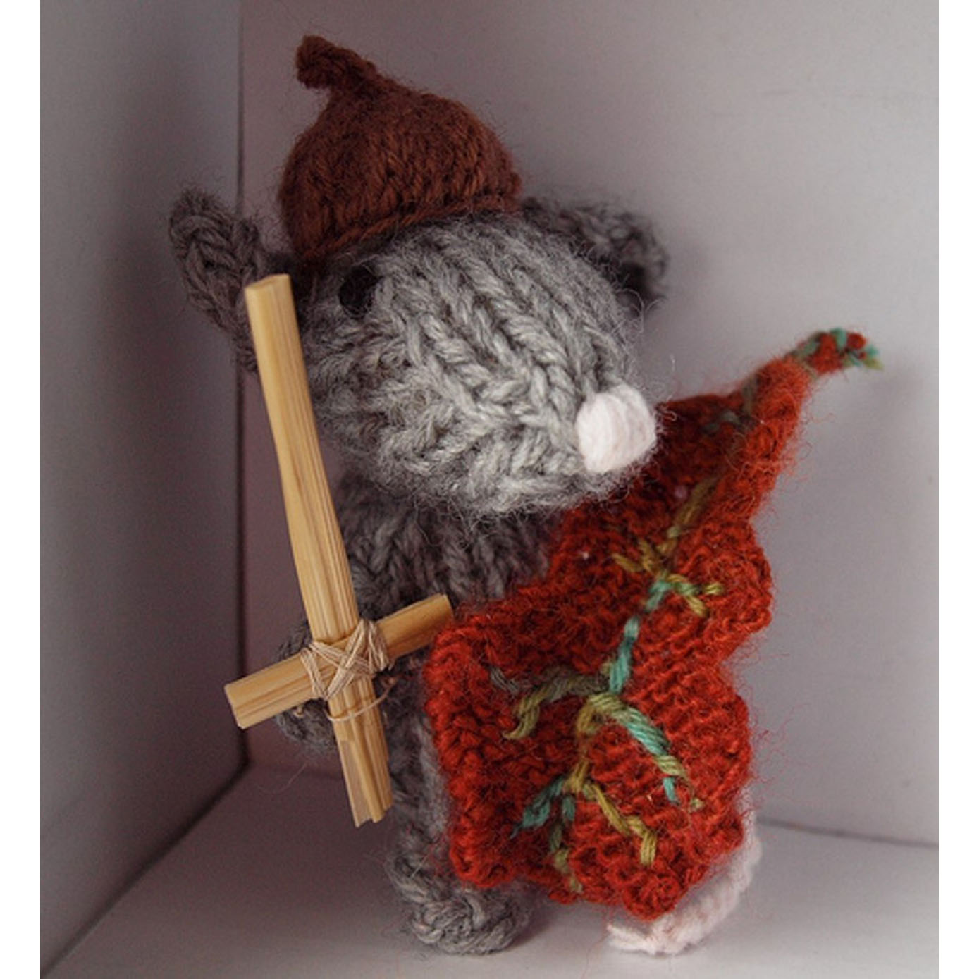 A knitted Jeremy Mouse with his grass sword!