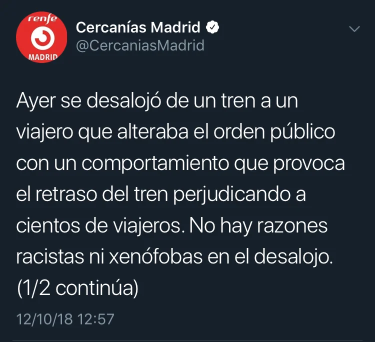 Scrennshot cuenta oficial de twitter Cercanías Renfe madrid