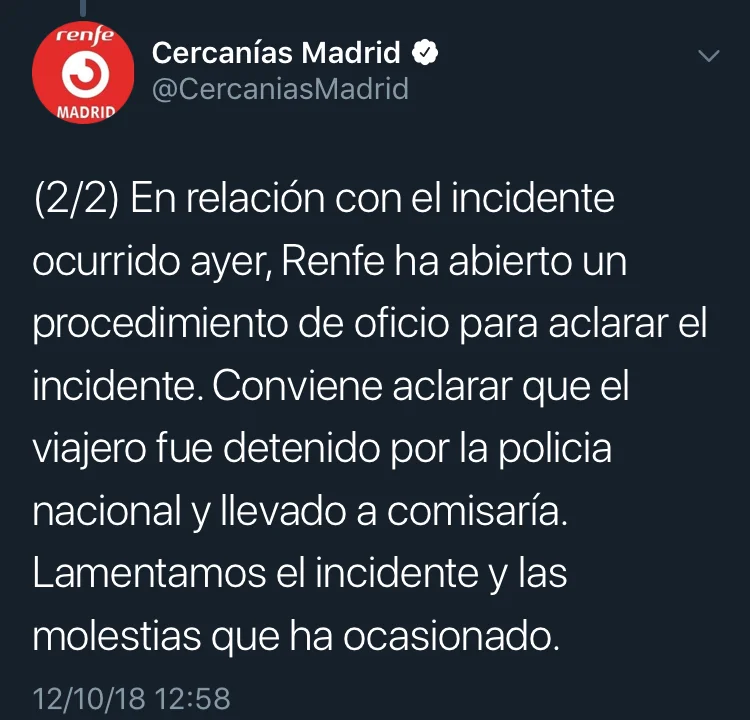 Scrennshot cuenta oficial de twitter Cercanías Renfe madrid