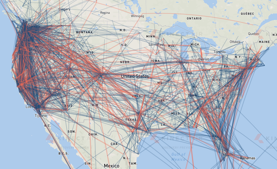 A preview of the KinectAir app with 8,000 routes requested by potential customers. Blue represents the concentration while red are new routes customers want to fly, said KinectAir.