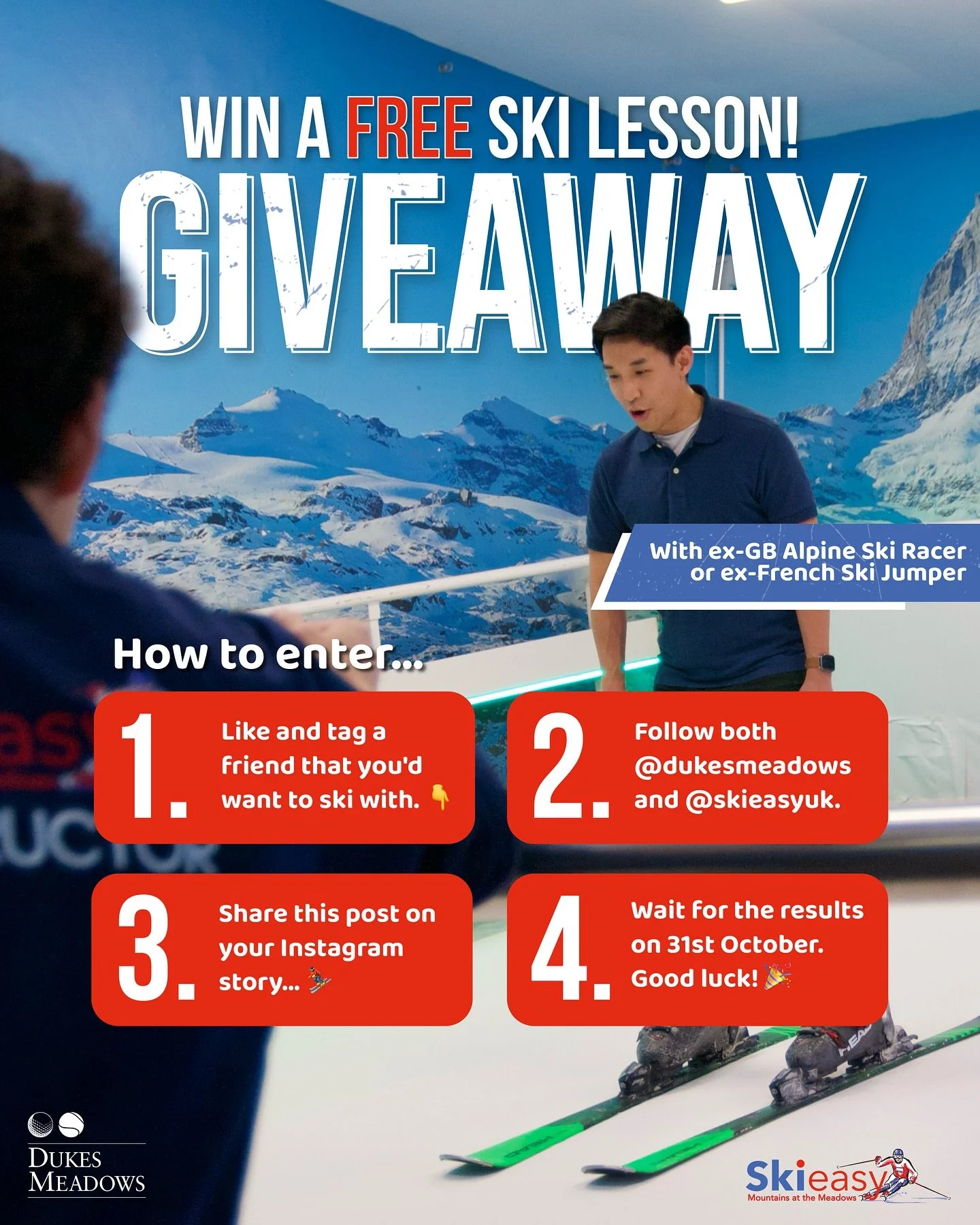 Skieasy&rsquo;s first ever giveaway! 🎉

We&rsquo;re giving you the chance to win a FREE 30-minute ski lesson with ex-GB Alpine Ski Racer or ex-French Ski Jumper! ⛷️✨

How to enter:
1️⃣ Like and tag a friend you&rsquo;d want to ski with👇
2️⃣ Follow 