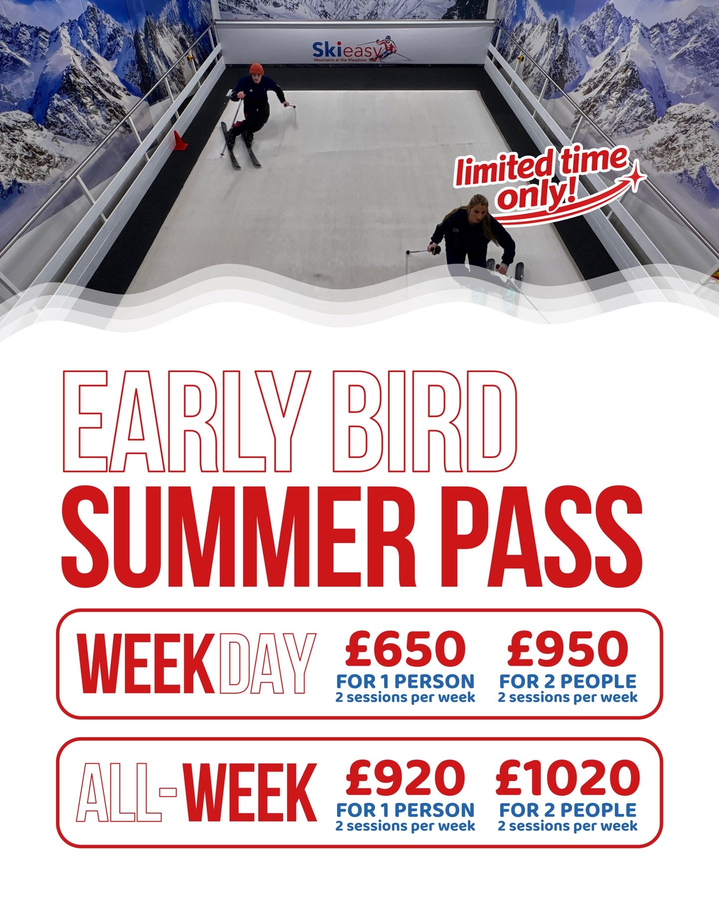 Early bird gets the turns! 🐦⛷️

Our Early Bird Summer Pass is here - available from 1st February and only for a limited time ✨

Up to 42 ski sessions* - ski all summer long with Skieasy.

Spaces won&rsquo;t last long. Book early, save more 👉

#skie