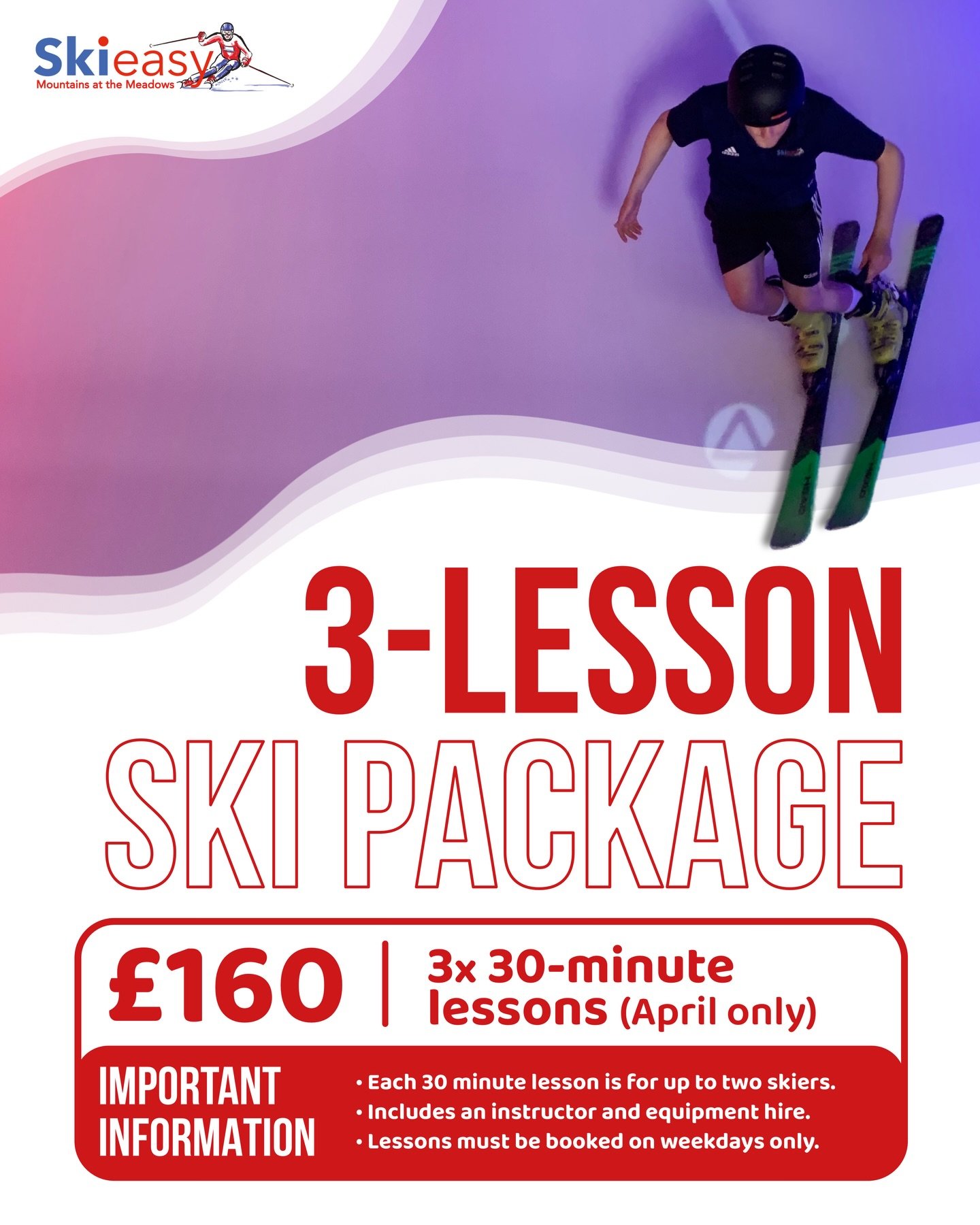 3 lessons. 1 month. Mountain ready ⛷️

Build confidence on the slope this April with 3 ski lessons for only &pound;160 at SkiEasy! ✨

&bull; 3x 30-minute lessons
&bull; Up to 2 skiers
&bull; Instructor &amp; equipment included

#skieasy #londonskiing