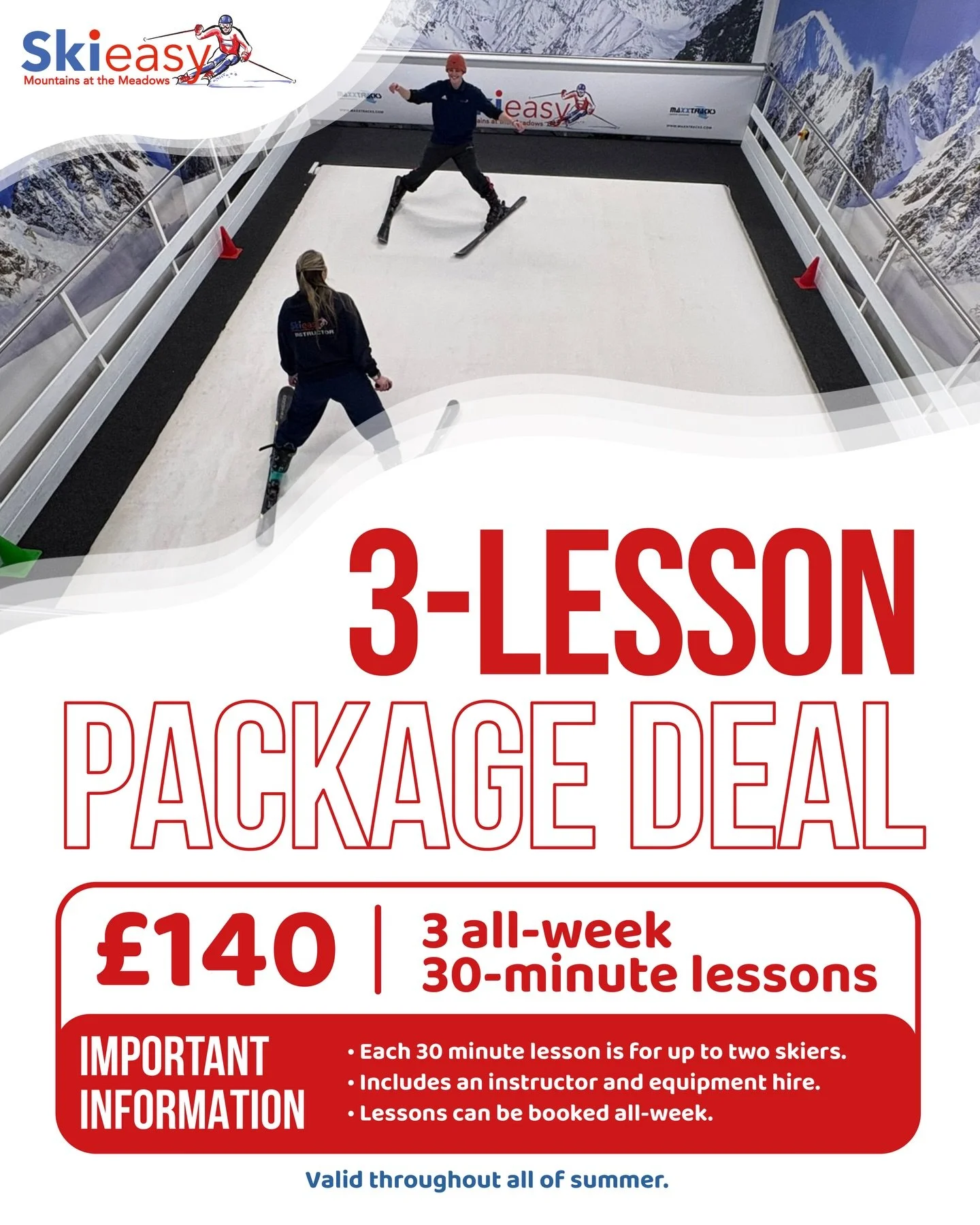 Ready to hit the slopes - no snow required? ⛷️
Grab our 3-lesson package for just &pound;140 and build your confidence fast!

✔️ 3 x 30-minute sessions
✔️ Up to 2 skiers per lesson
✔️ Equipment + instructor included

Perfect for beginners or brushing