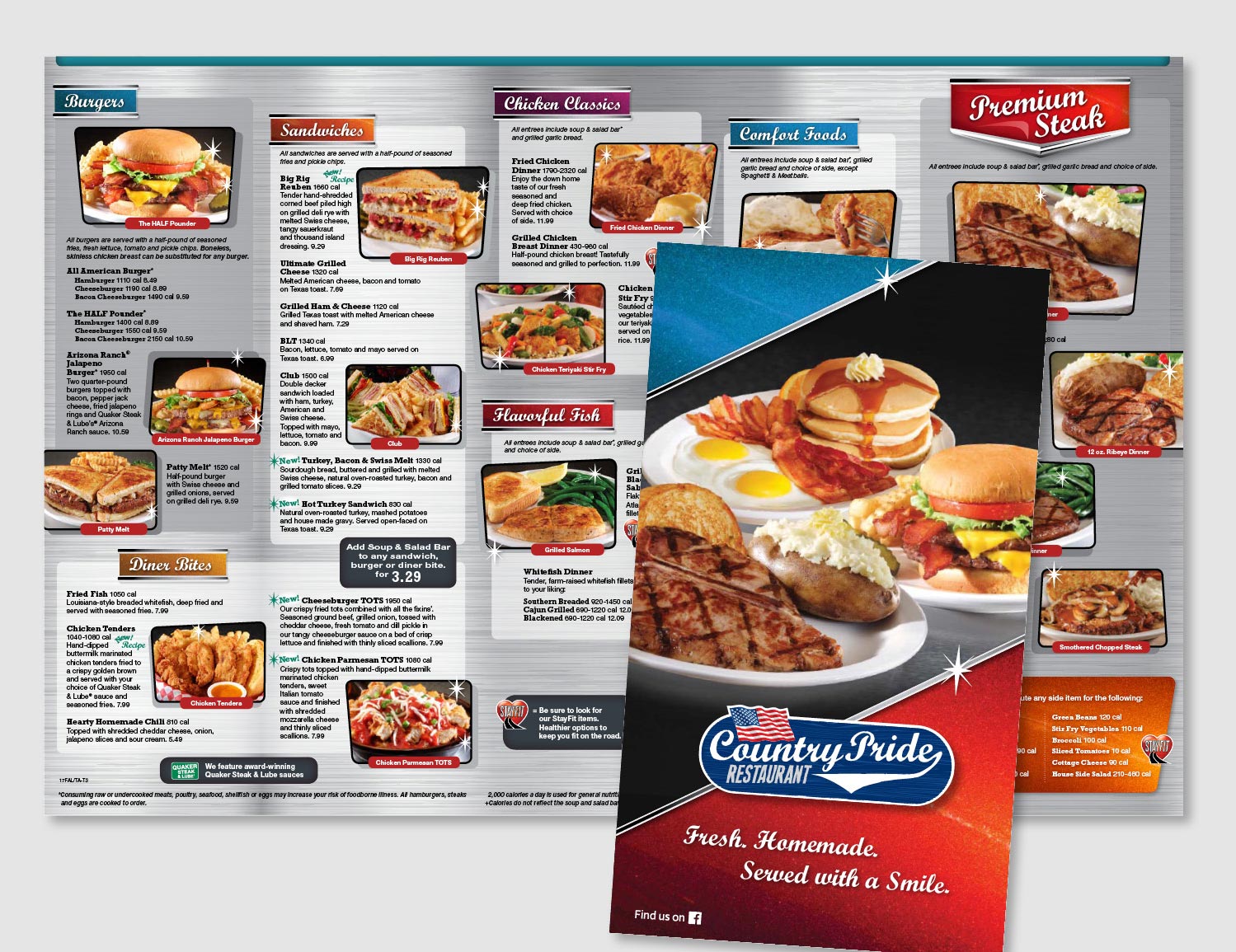  The new Country Pride menu features a diner theme with a brushed steel background, metallic colors, headings that resemble car emblems, retro shaped image frames and sparkle highlights. All of these design elements play into the "Homemade in the USA