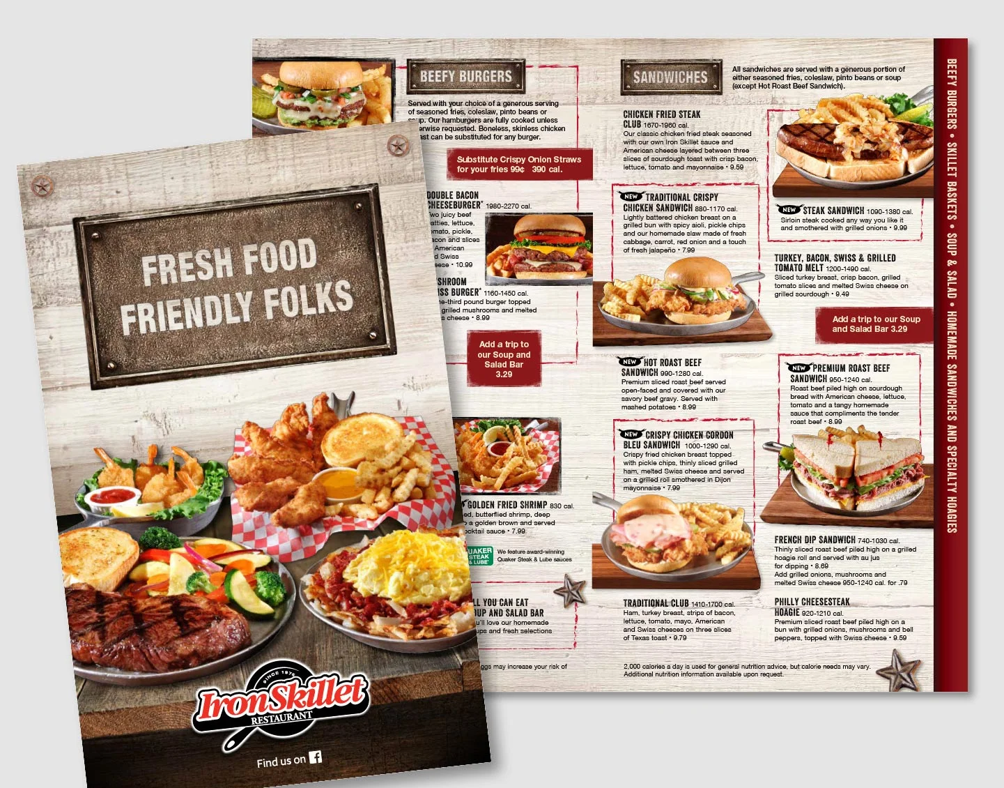 I created a fresh menu look for Iron Skillet, one of the restaurants at Petro Stopping Centers in over 65 locations across the United States. Iron Skillet originated in Texas and they wanted to keep the feel of home cooked recipes but update the prior menu look. The wood plank backdrop and metal heading plates lead you around the layout but keep the focus on the real star...the food! work completed for Full Circle Creative