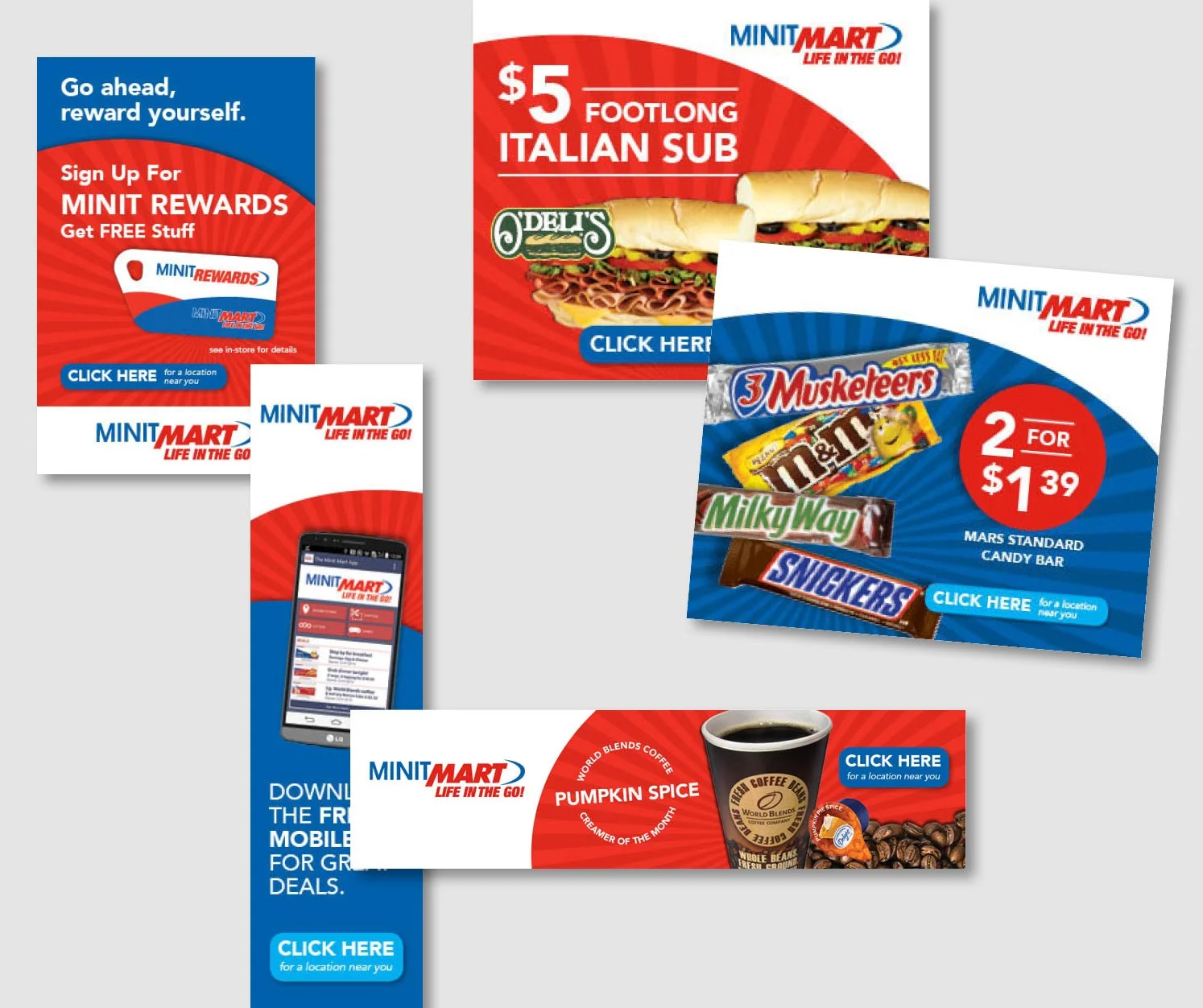 Special offerings from MinitMart Travel Stores at TA and Petro Stopping Centers are often promoted digitally. The red, white and blue color scheme is accentuated with shapes and lines that draw you in to the featured items while leaving plenty of white space to call attention to the logo. work completed for Full Circle Creative