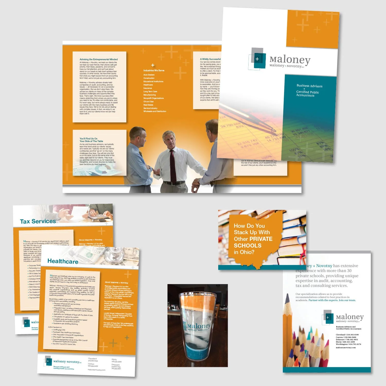 These pieces were created for Maloney + Novotny, a Cleveland based firm of certified public accountants and business advisors. Working off of the "+" in their logo, I established this look with blocks of color and accounting related images. Orange was added to enhance the teal and gray of the Maloney + Novotny logo.
