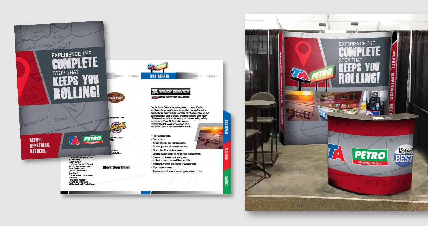  When preparing for a trade show, Travel Centers of America asked for eye catching graphics for their booth and podium as well as a companion spiral bound brochure featuring amenities and locations. The gray background with a darker gray strike throu