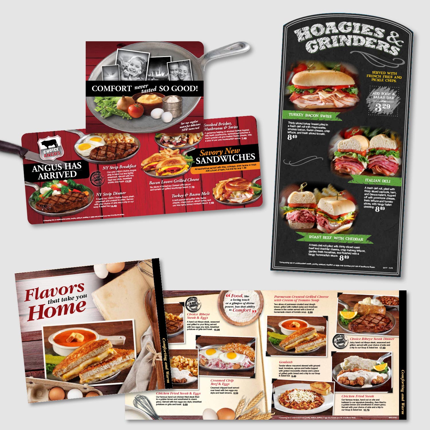  The Country Pride and Iron Skillet menu inserts were created to focus on limited time offerings of the season. These specials are often featured with creative themes that differ from the look of the everyday menu...chalk text on a blackboard, fresh 