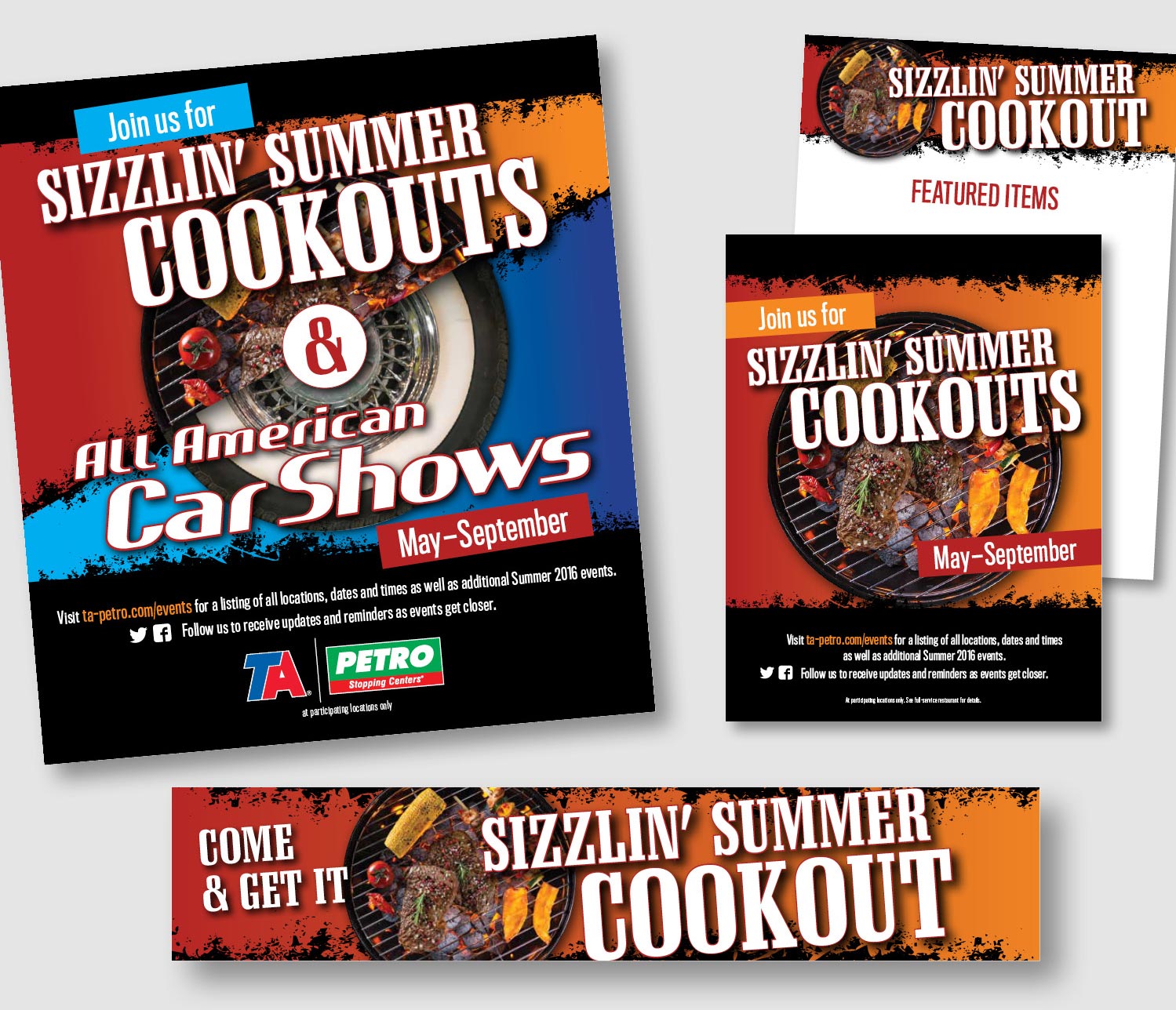  I created a campaign look for special summer events held and Travel Centers of America locations. The pieces are colorful yet call attention to the headlines and important dates or contact information. Campaign pieces included ads, flyers, banners, 