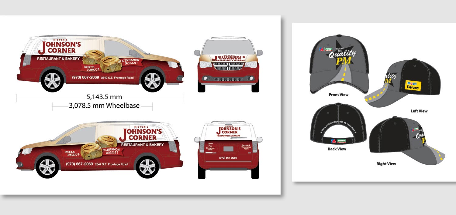  The Johnson's Corner vehicle wrap and TA and Petro cap are two projects where I needed to think of a design from multiple angles. Each view is appealing and works to sell the clients message.      work completed for Full Circle Creative  