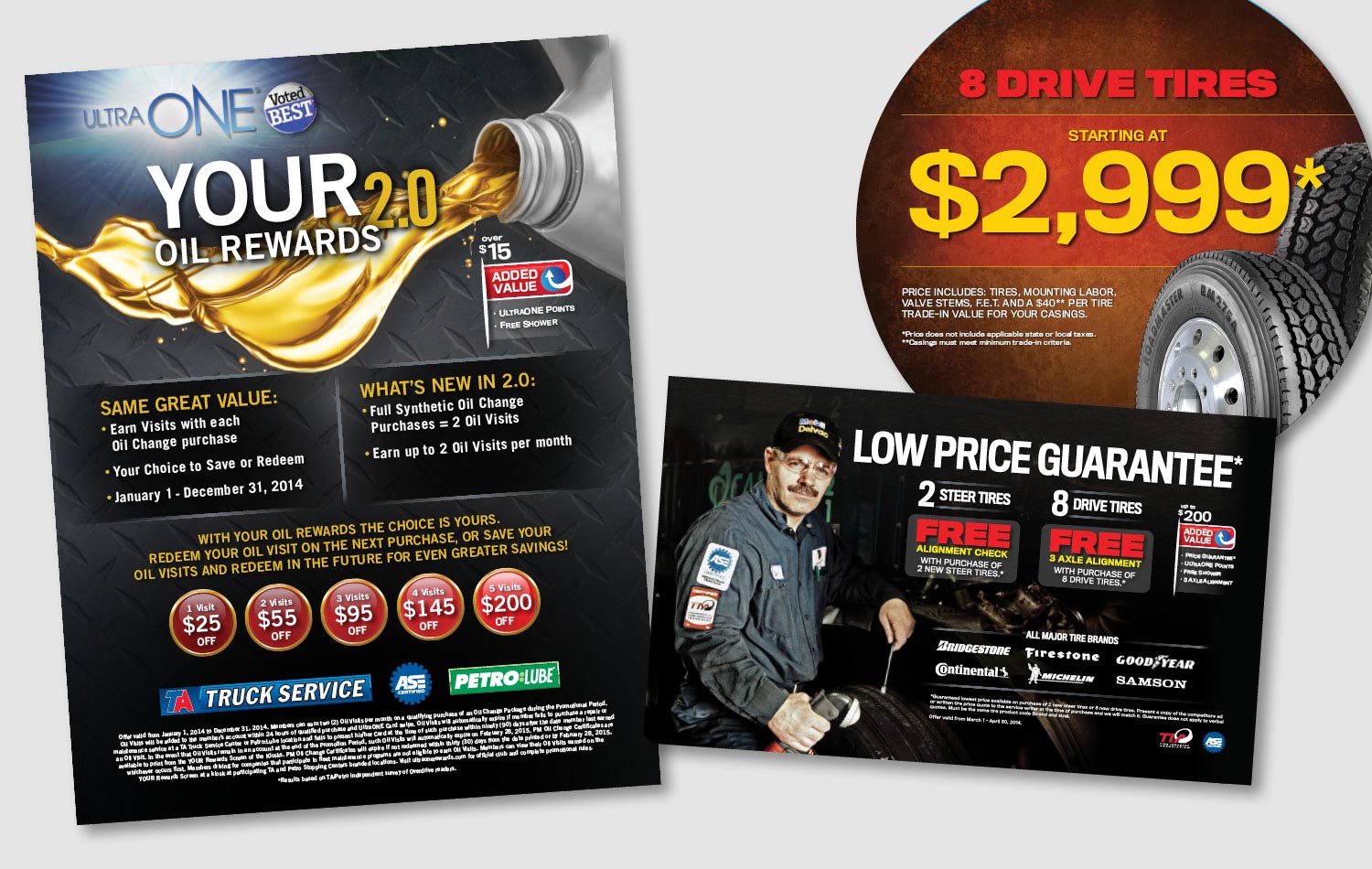 These are a few samples of Truck Service pieces done for TA and Petro Stopping Centers. They offered special discounts on tires, repair and maintenance services or had reward programs for oil changes. The campaigns targeted the trucking industry portion of the Travel Centers of America business with a masculine appeal. Campaign pieces included ads, flyers, point of purchase signs, pumptoppers, etc. work completed for Full Circle Creative