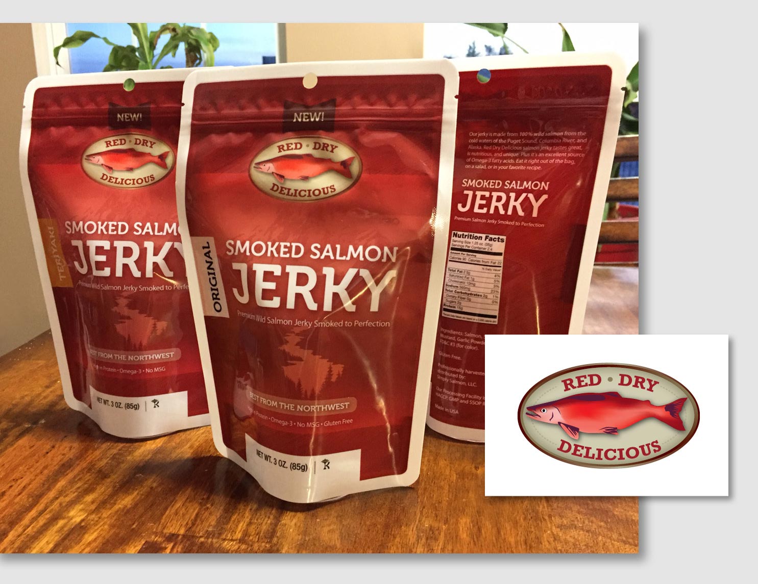  Red Dry Delicious, a new brand of jerky needed a logo and package design. The illustrated salmon stands out well in the olive colored oval shape of the logo. The mountains and streams where fish would be caught are a subtle background in the dark re