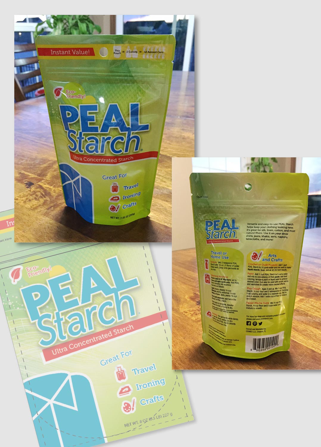  Peal Starch, a brand of clothing starch needed an updated package and wanted to focus on its multiple uses or benefits...ironing, crafts, travel, etc. I chose a bright color scheme that would be different than other packages on the store shelves and