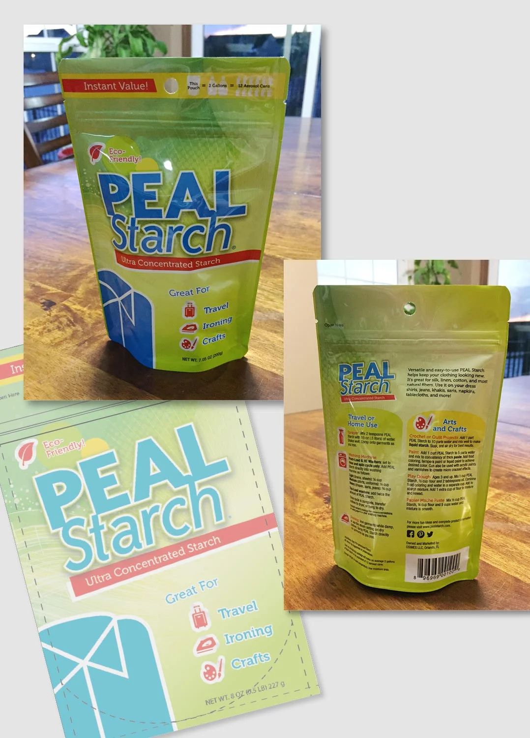 Peal Starch, a brand of clothing starch needed an updated package and wanted to focus on its multiple uses or benefits...ironing, crafts, travel, etc. I chose a bright color scheme that would be different than other packages on the store shelves and allow pertinent information to be called out. Icons were used to easily understand directions as well as possible uses for the product. work completed for Full Circle Creative