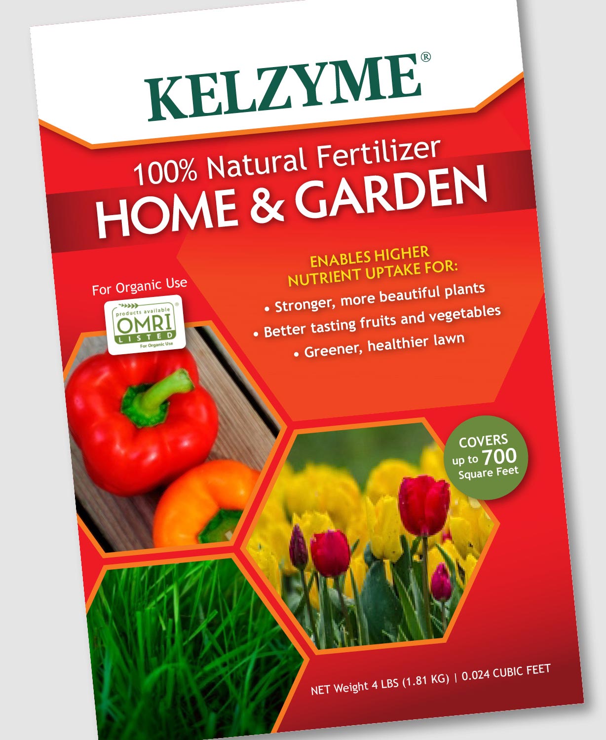  A new package design was created for Kelzyme. To highlight the benefits of their fertilizers,&nbsp;and eventually other products,&nbsp;hexagon shapes are used for the images. This allows each image to shine and can easily be swapped out for others p