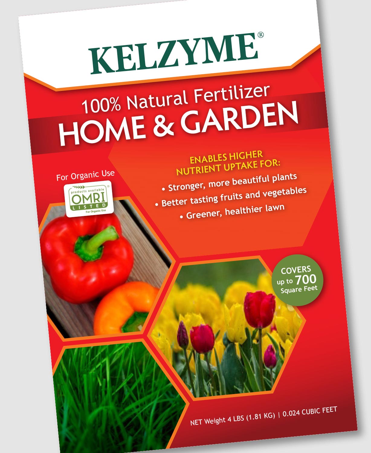 A new package design was created for Kelzyme. To highlight the benefits of their fertilizers, and eventually other products, hexagon shapes are used for the images. This allows each image to shine and can easily be swapped out for others pertaining to a particular product. The red-orange background balances well with the yellow, orange and green of the chosen images and allows the title and brand name to stand out. work completed for Full Circle Creative