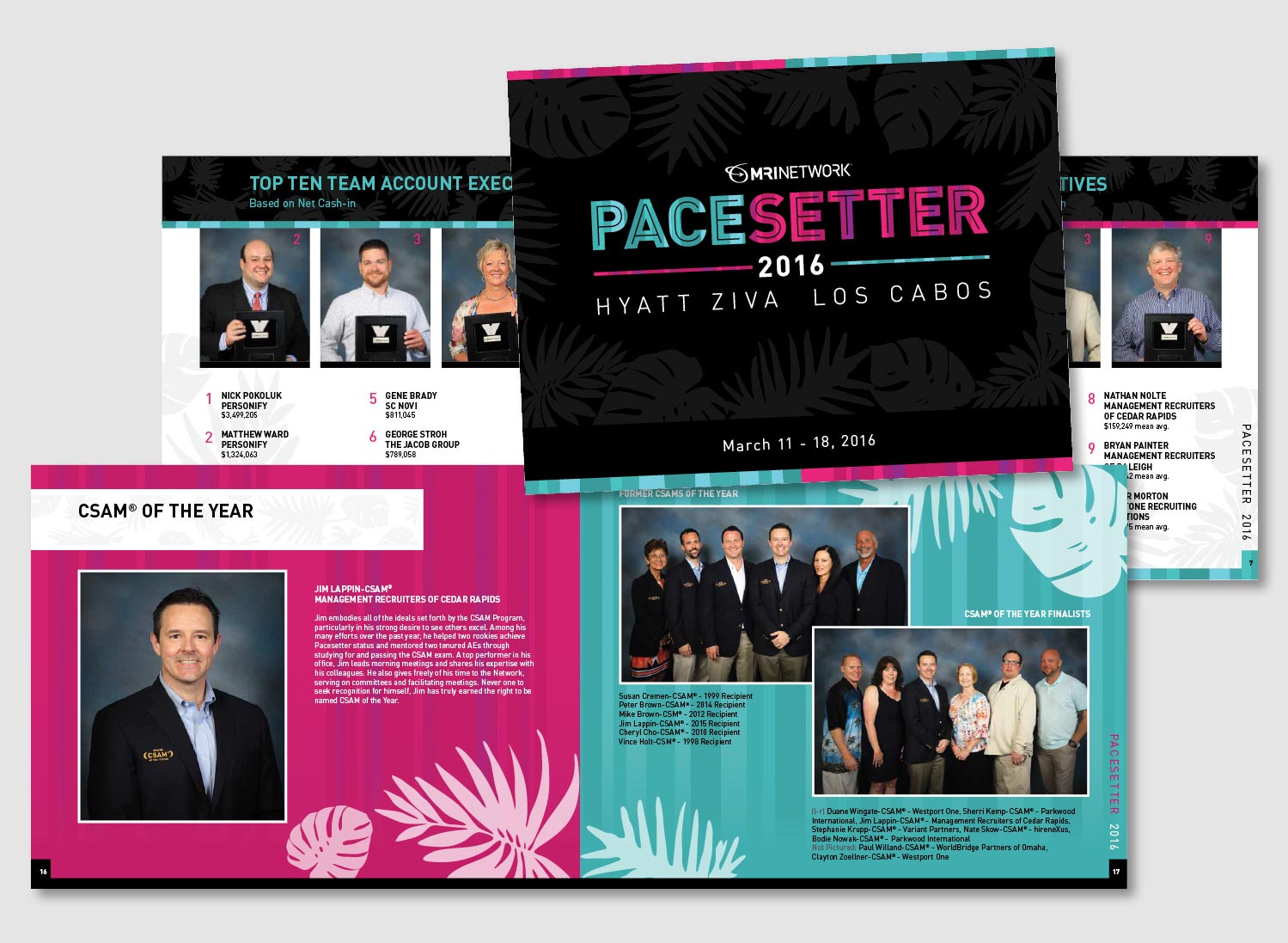 Each year the top recruiters and offices of MRINetwork are invited on a vacation getaway. A commemorative 32 page book is put together showcasing the award winners and events. The primarily black cover allows the teal and pink colors to pop on this award book design. The stripes and subtle leaf pattern ads texture to the look. These elements are continued on the inside spreads and featured awards and called out in the bright colors. work completed for Full Circle Creative