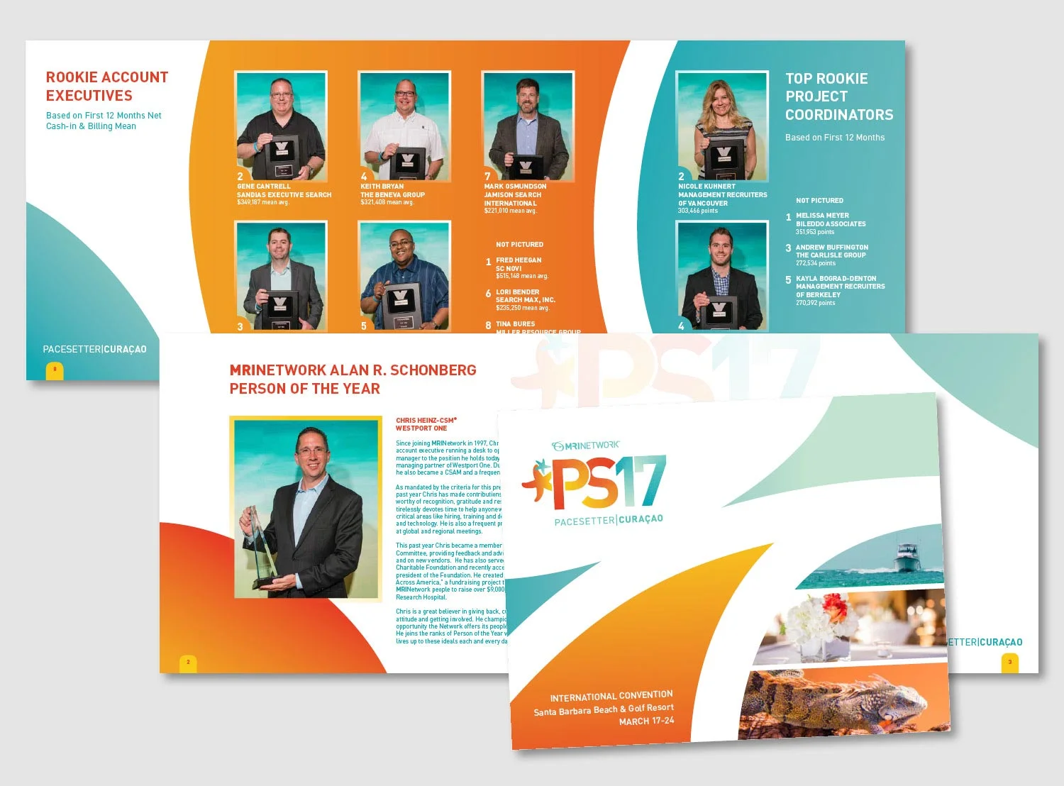 Each year the top recruiters and offices of MRINetwork are invited on a vacation getaway. A commemorative 32 page book is put together showcasing the award winners and events. Waves of tropical sunset orange and sea foam green carry you through the layouts of this annual award book. No two spreads are the same but the colors and shapes flow easily from page to page and make a cohesive piece. work completed for Full Circle Creative
