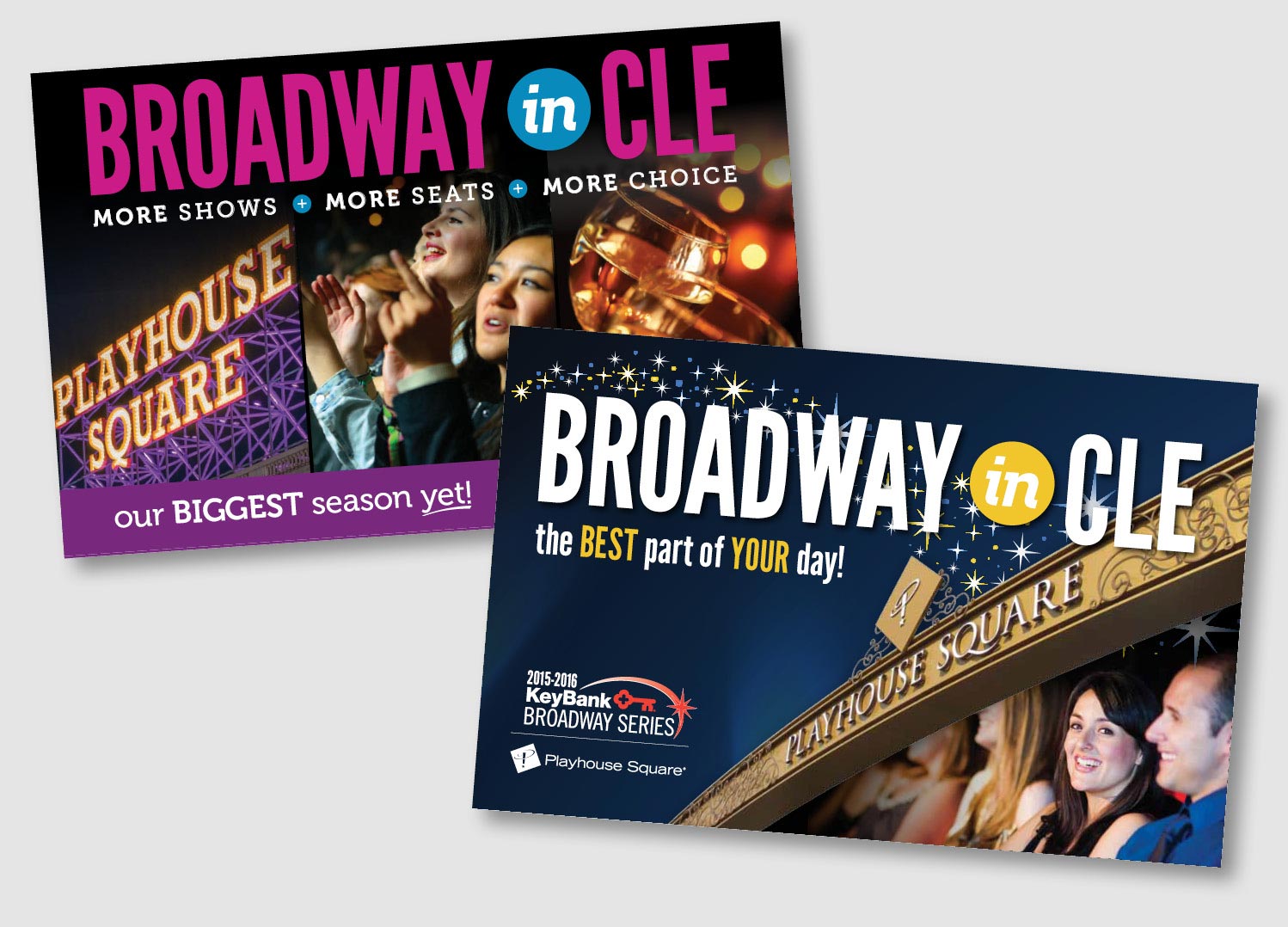 The Playhouse Square Broadway Series highlights architectural elements from the newly renovated downtown Cleveland area along with images of theater participants enjoying the show. These mailer covers develop the theme that is carried through out the season. work completed for type + design