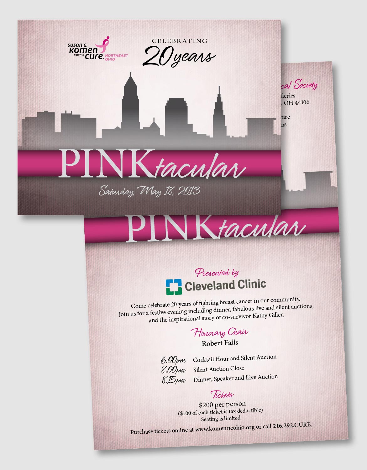  Pinktacular is a fundraiser of the Susan G. Komen for the Cure Northeast Ohio Chapter.&nbsp;Working off the skyline of Cleveland that had been used in race collateral, this invitation design has more of a sophisticated feel. The textured, muted pink