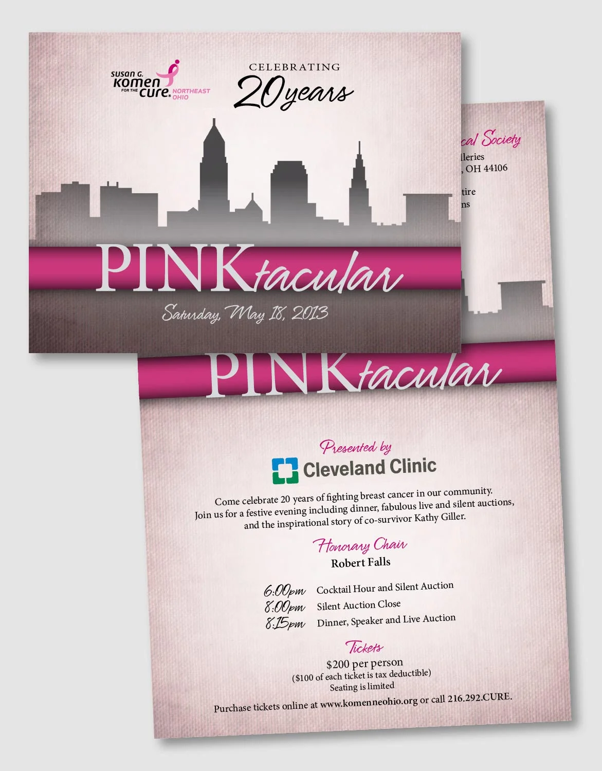 Pinktacular is a fundraiser of the Susan G. Komen for the Cure Northeast Ohio Chapter. Working off the skyline of Cleveland that had been used in race collateral, this invitation design has more of a sophisticated feel. The textured, muted pink background allows the bright pink ribbon and logo to stand out. time and costs were donated as a contribution to this fundraiser