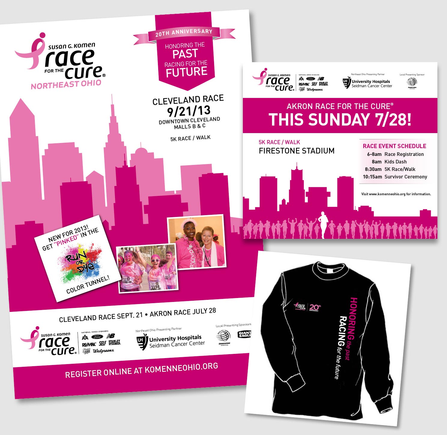  A number of pieces were created to promote the Susan G. Komen Race for the Cure Northeast Ohio Chapter events—posters, pins, stands, brochures, ads, t-shirts, etc. The bright and light pink were pulled from the main logo and carried through pieces a