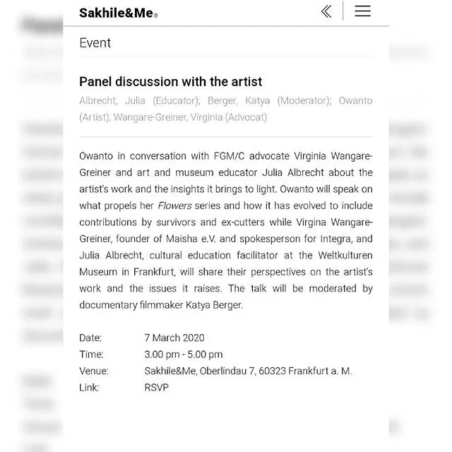 On Saturday the 7th of March, please join us for an enlivening discussion on the issue of FGM/C, as well as on the upcoming 'Flowers' exhibition at Sakhile&amp;Me @sakhileandme. 
I will be speaking with Julia Albrecht, cultural education facilitator 