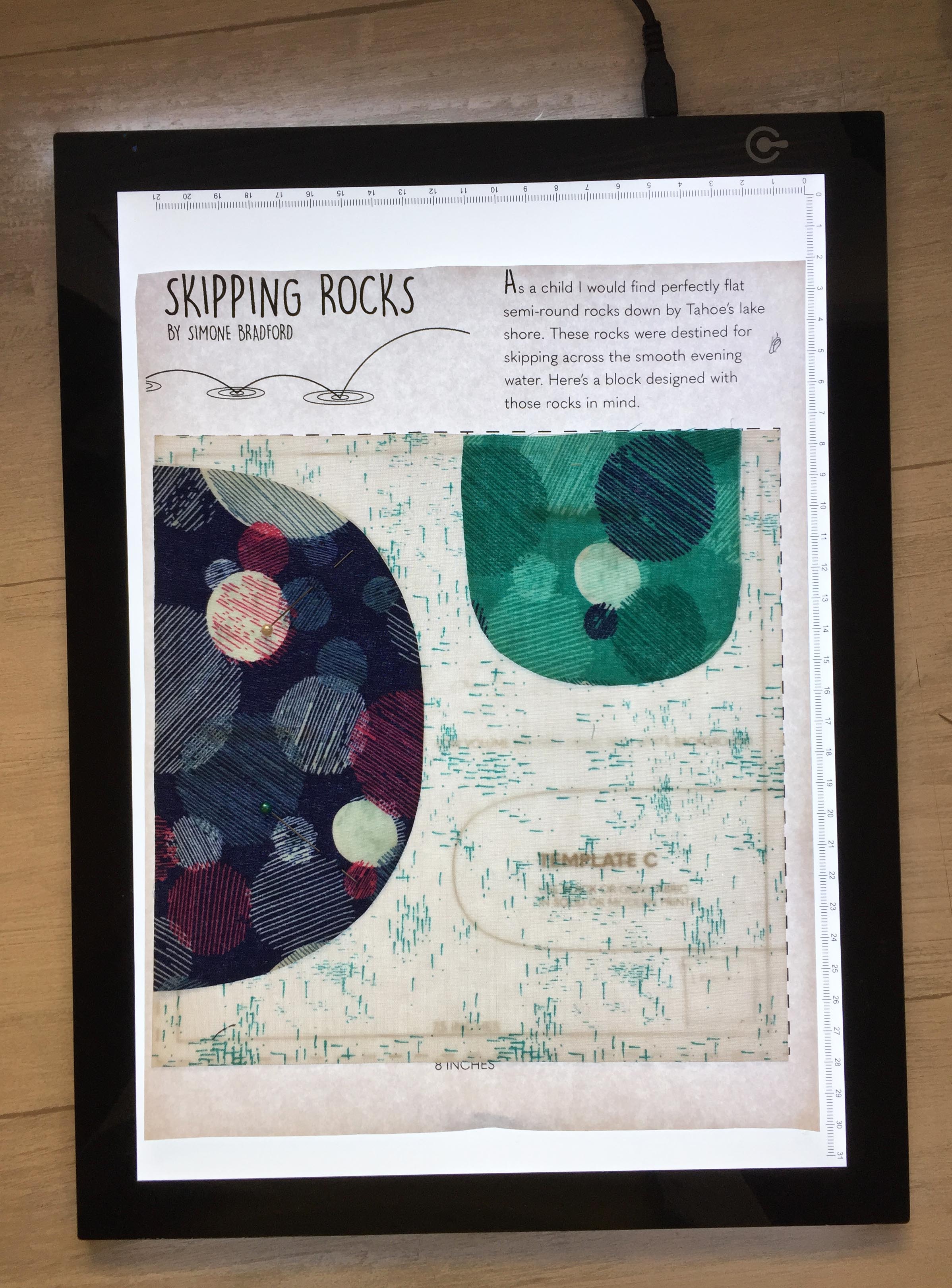 Here’s how I use my wafer thin light box to pin pieces A, B & C on the the low volume background fabric.