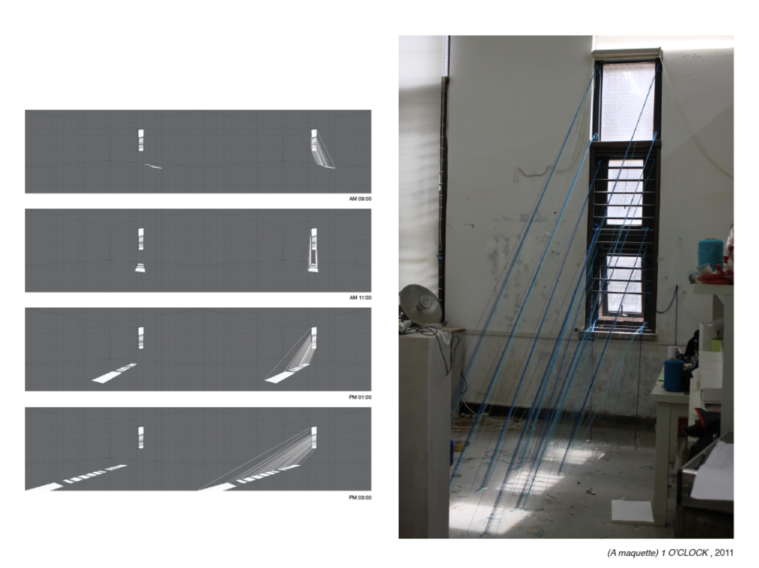 (Left) This is a record of lights which came through the window in different time zones (Right) I started to specify appearances of lights through strings at 1 p.m. when the sunlight was the strongest of the day. This allowed lights which were not seen to become material objects.
