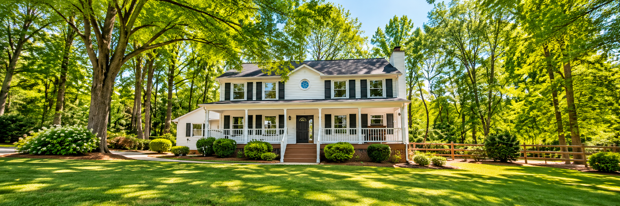 Sunlit Colonial Home Amid Lush Woodland.png