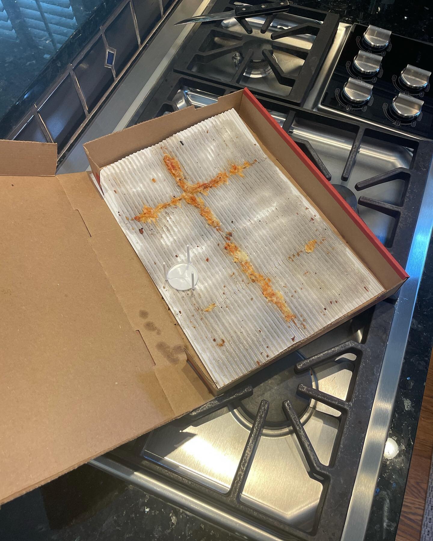 Last night&rsquo;s pizza box! 😀 The timing of seeing this melted our hearts, as just hours earlier a divine intersection took place in my husband&rsquo;s music studio. A friend came over to give technical help, but God had so much more! Big prayers 