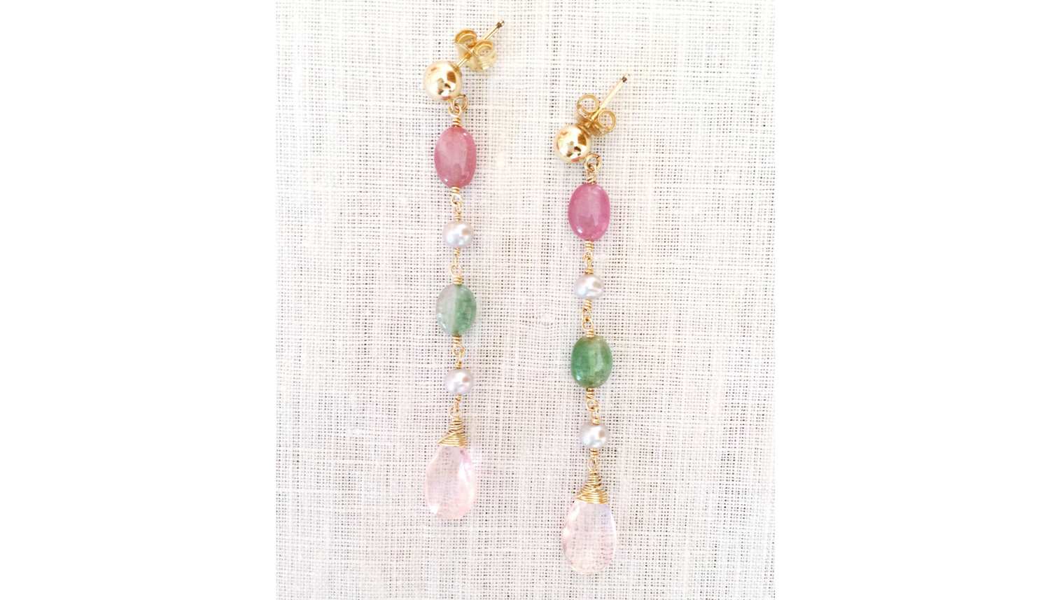 Versailles - Watermelon Tourmaline, Pearl, and Rose Quartz Earrings