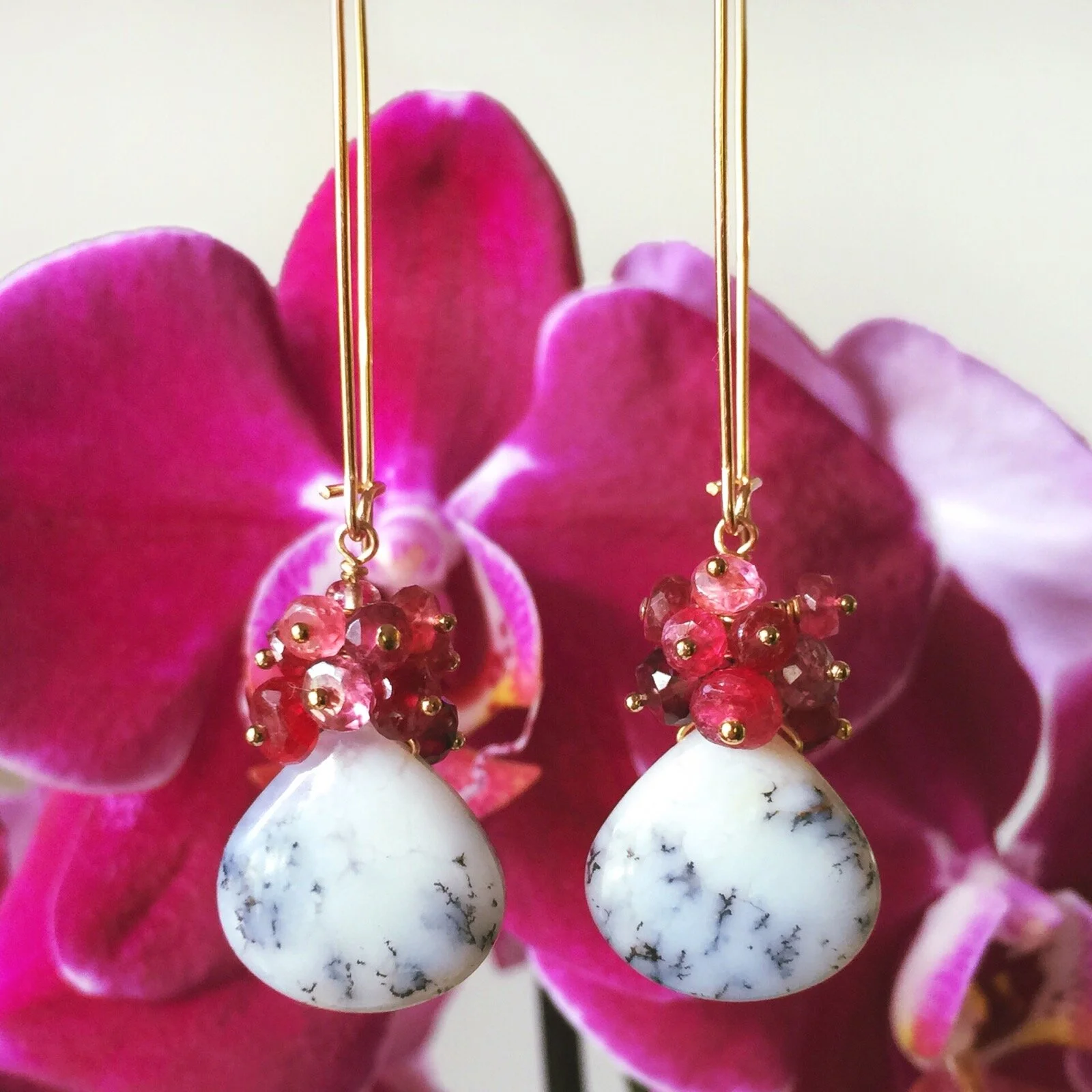 Black Forest - Dendrite Opal and Cherry Spinel Earrings
