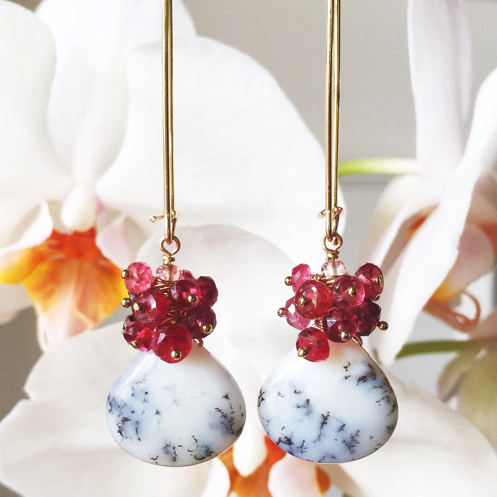 Black Forest - Dendrite Opal and Cherry Spinel Earrings